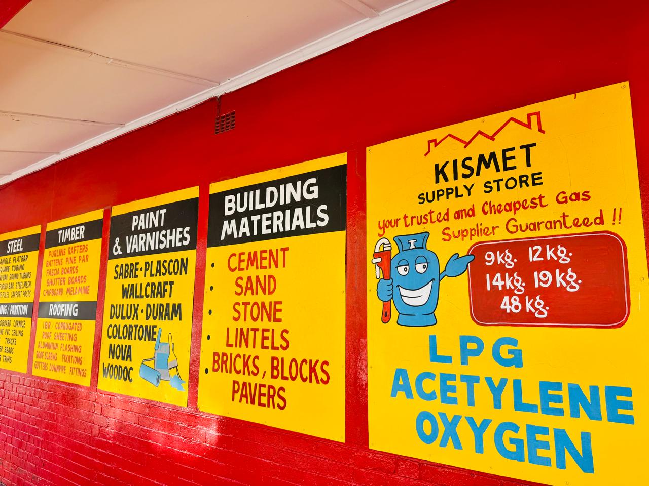 In-store product boards: paint, timber, building materials, LPG, acetylene and oxygen at Kismet Supply Store